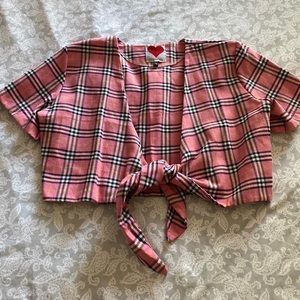 O-MIGHTY pink plaid tie crop top